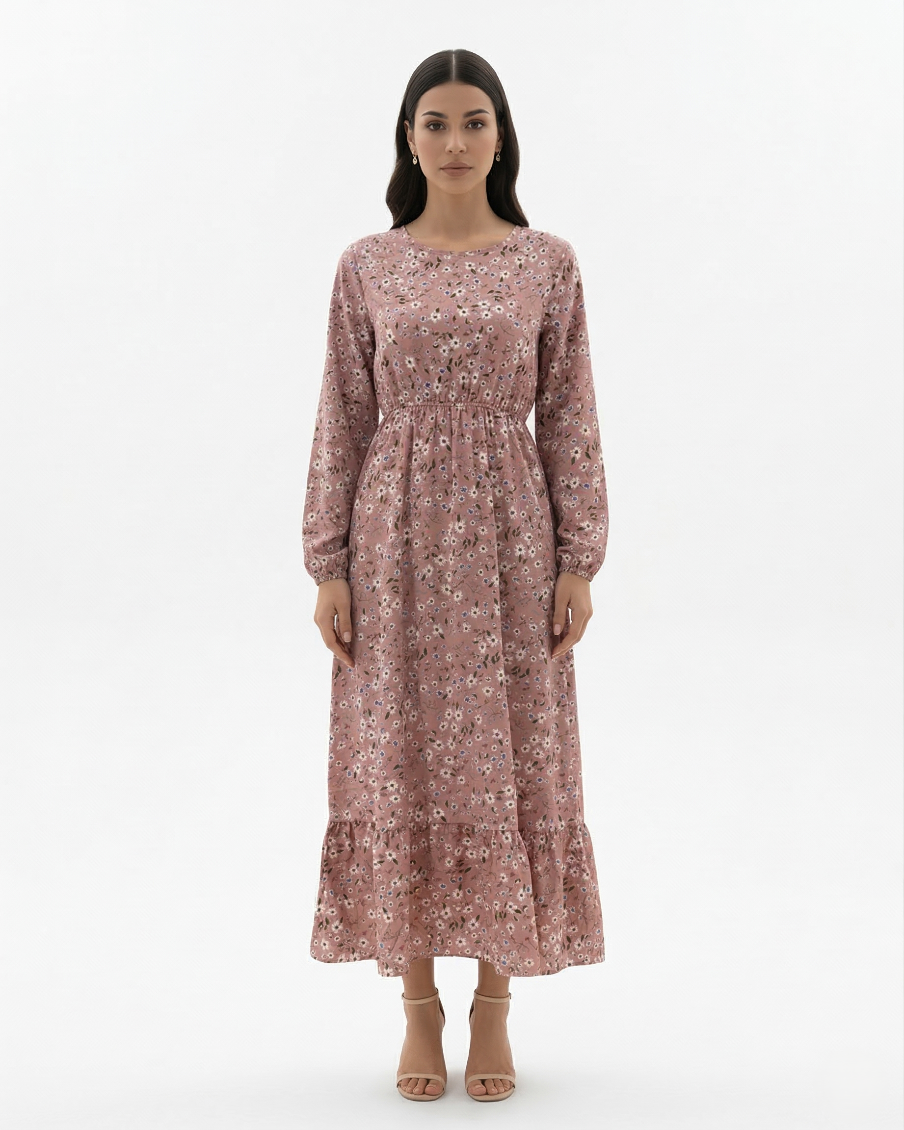 Women's Long Sleeve Floral Print Maxi Dress with Tiered Hem and A-Line Cut 1