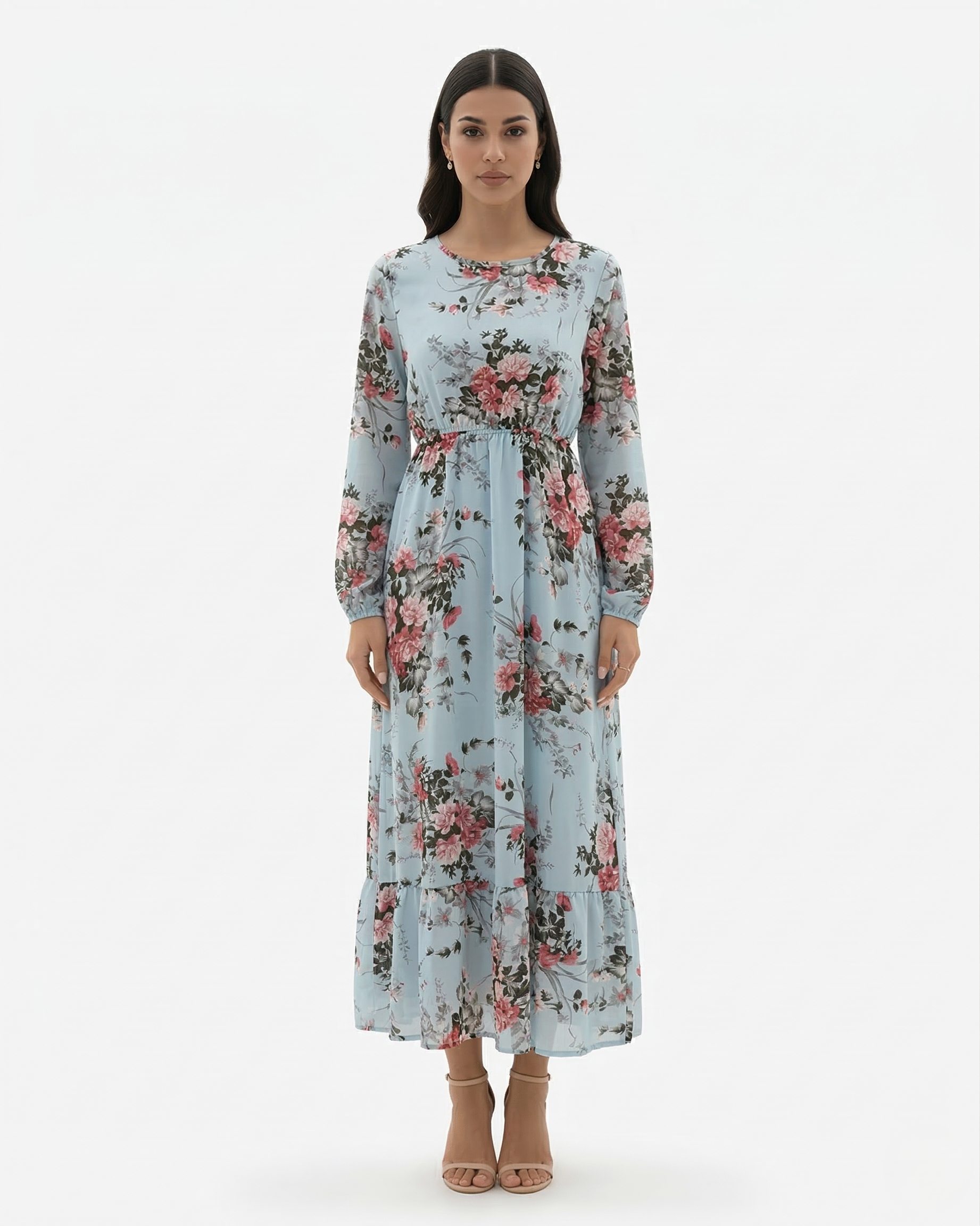 Women's Long Sleeve Floral Print Maxi Dress with Tiered Hem and A-Line Cut 10