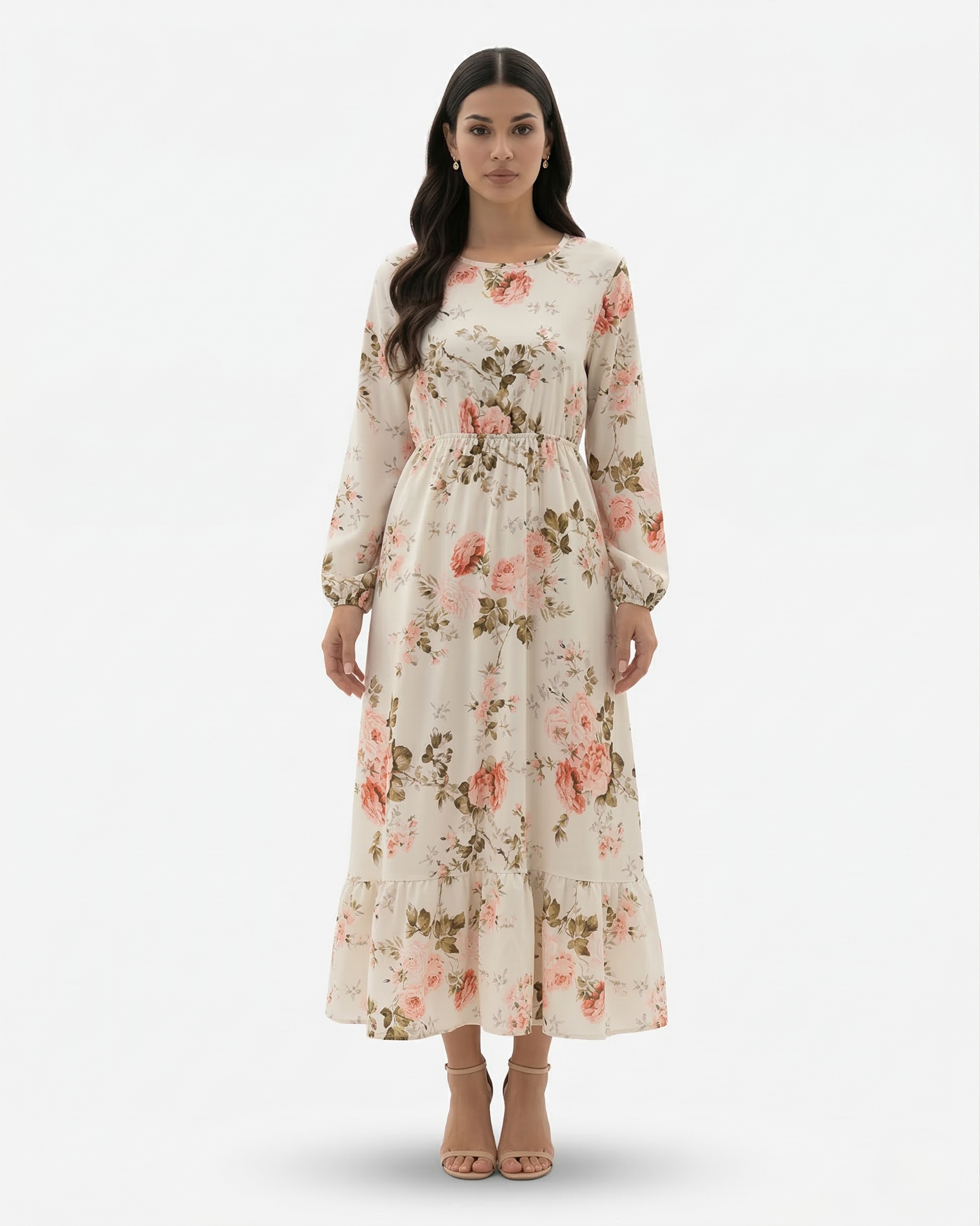 Women's Long Sleeve Floral Print Maxi Dress with Tiered Hem and A-Line Cut 2