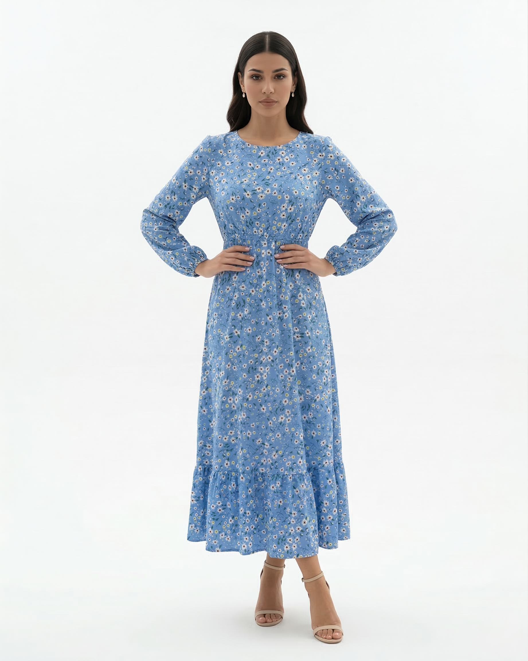 Women's Long Sleeve Floral Print Maxi Dress with Tiered Hem and A-Line Cut 3