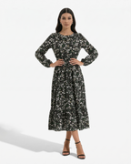 Women's Long Sleeve Floral Print Maxi Dress with Tiered Hem and A-Line Cut 5