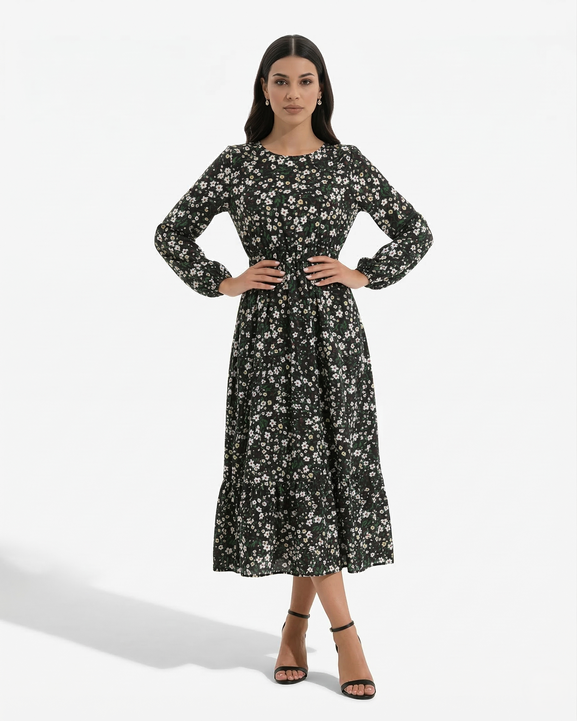 Women's Long Sleeve Floral Print Maxi Dress with Tiered Hem and A-Line Cut 5