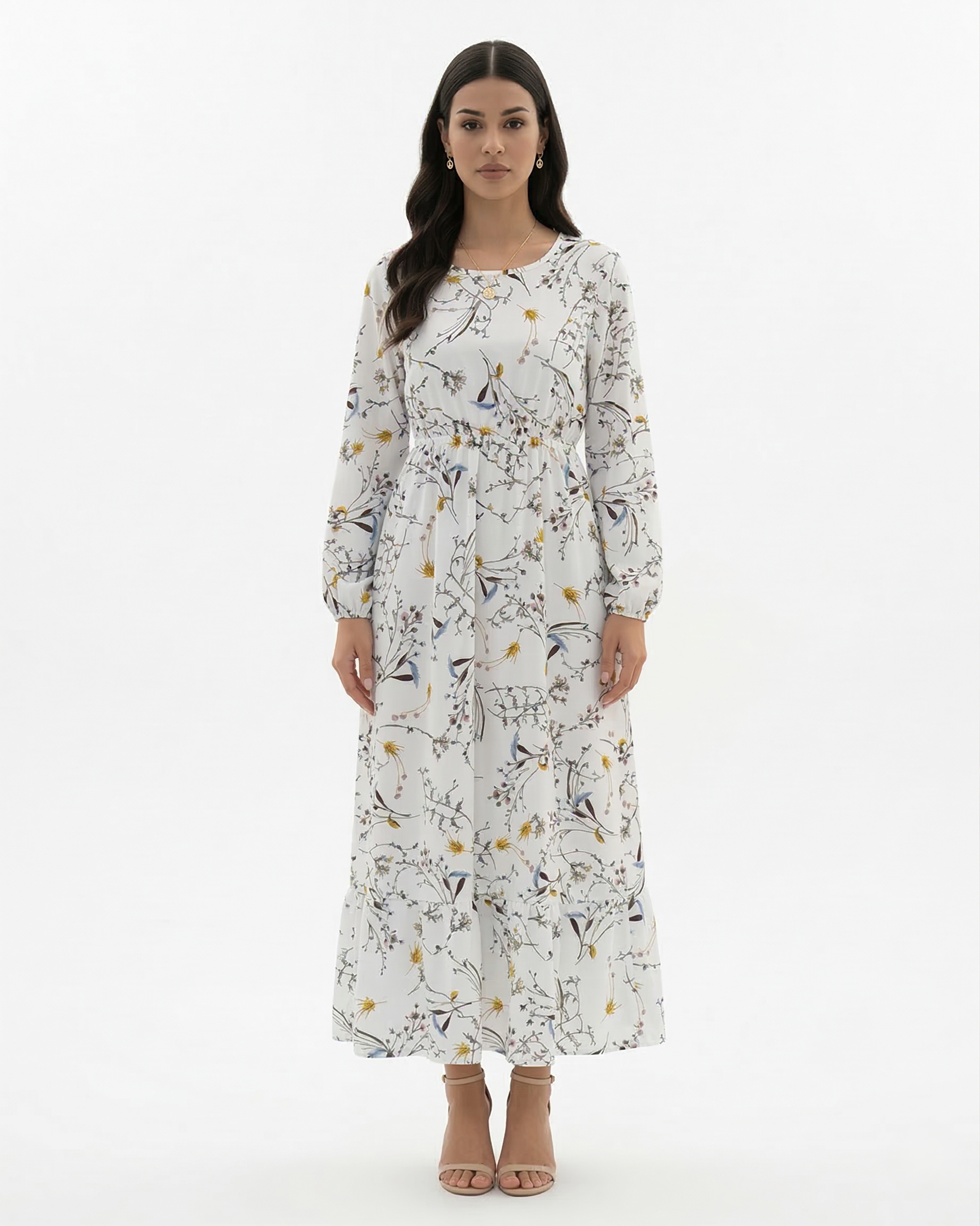 Women's Long Sleeve Floral Print Maxi Dress with Tiered Hem and A-Line Cut 6