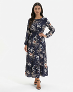 Women's Long Sleeve Floral Print Maxi Dress with Tiered Hem and A-Line Cut 7