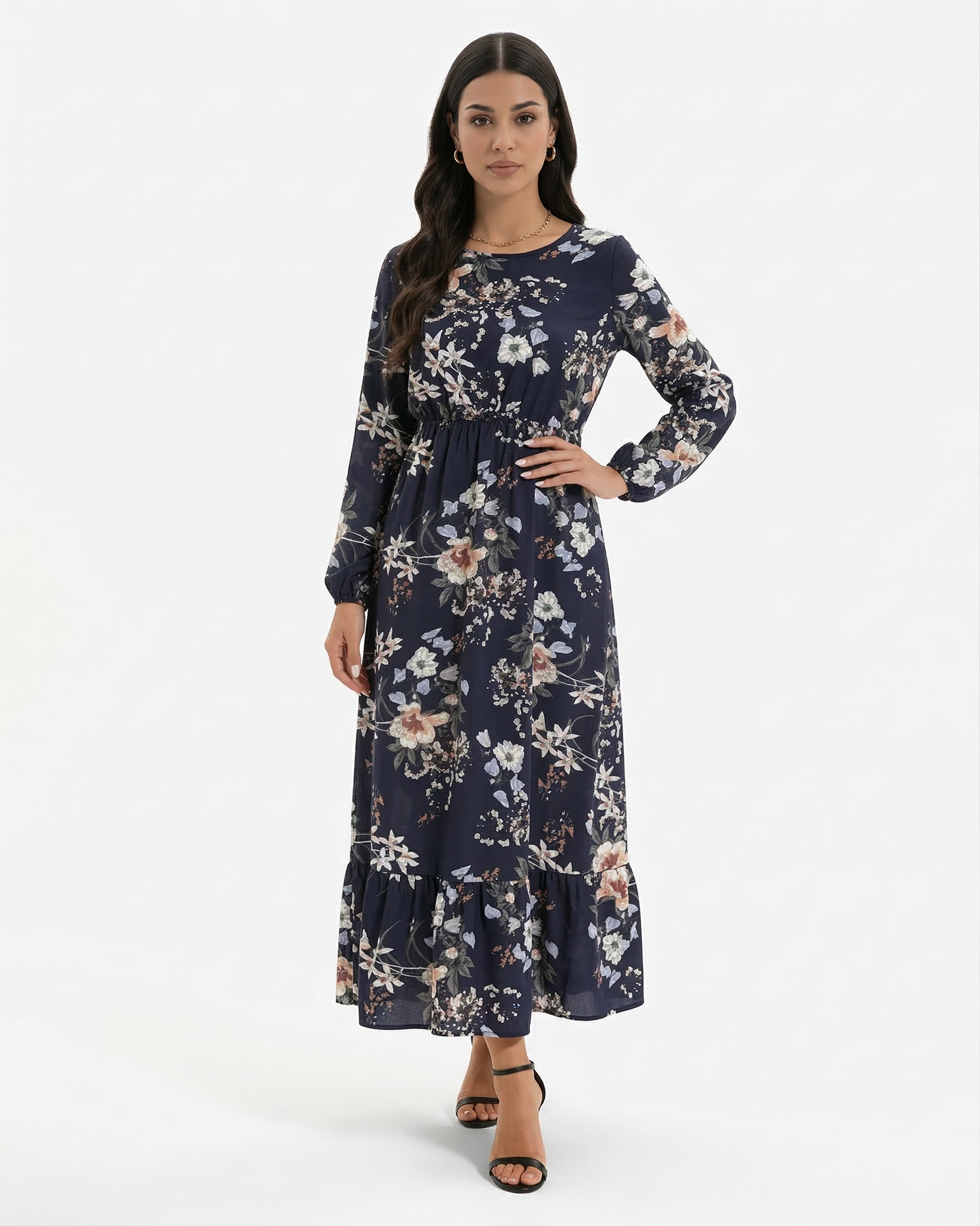 Women's Long Sleeve Floral Print Maxi Dress with Tiered Hem and A-Line Cut 7