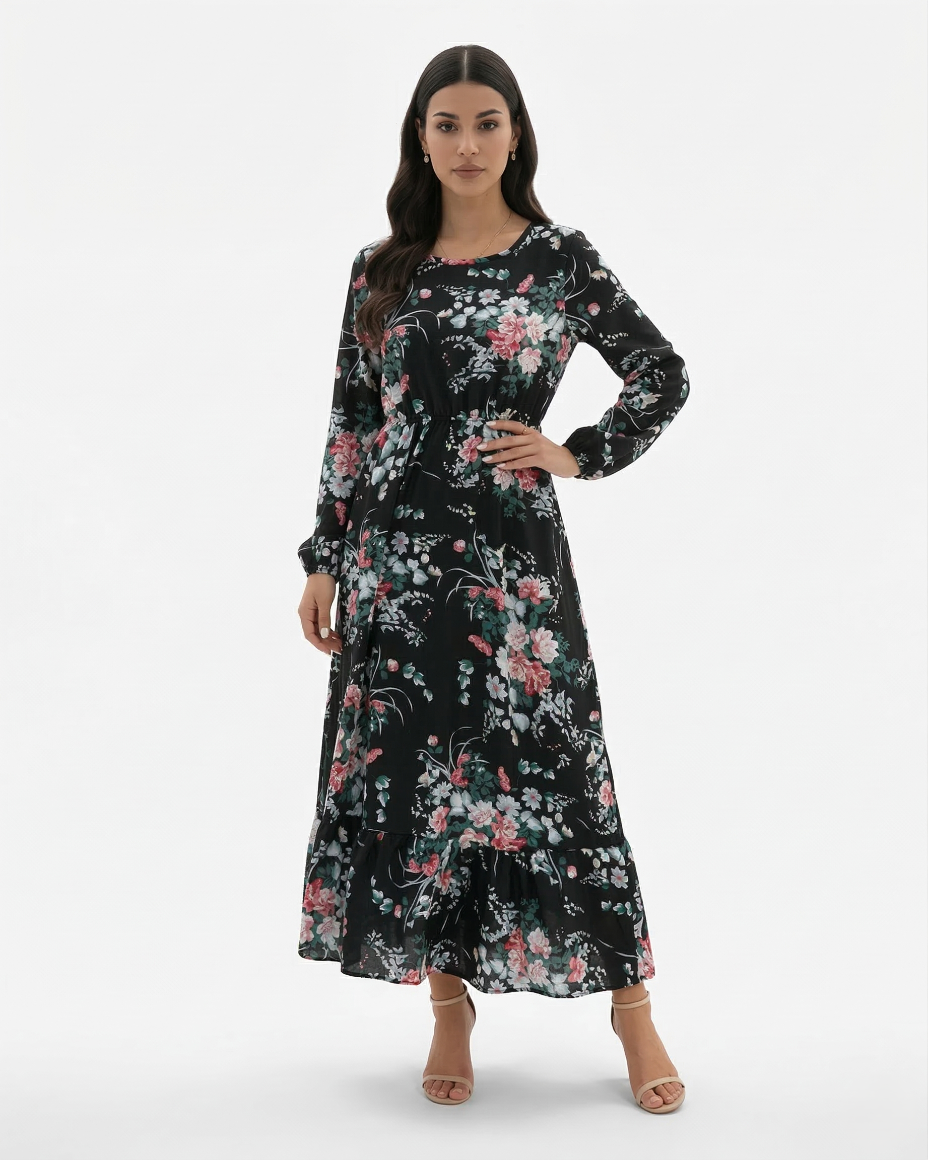 Women's Long Sleeve Floral Print Maxi Dress with Tiered Hem and A-Line Cut 8