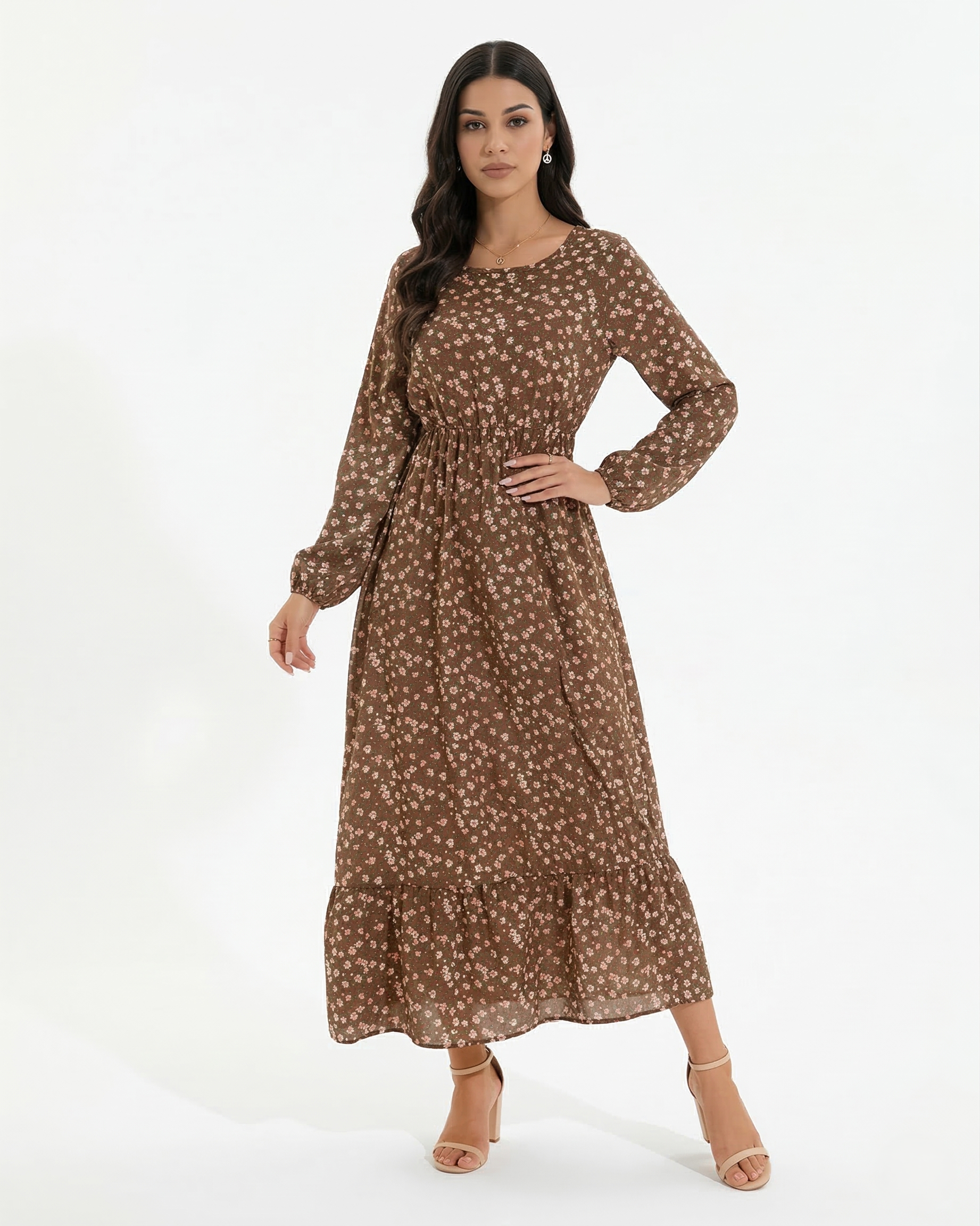 Women's Long Sleeve Floral Print Maxi Dress with Tiered Hem and A-Line Cut 9