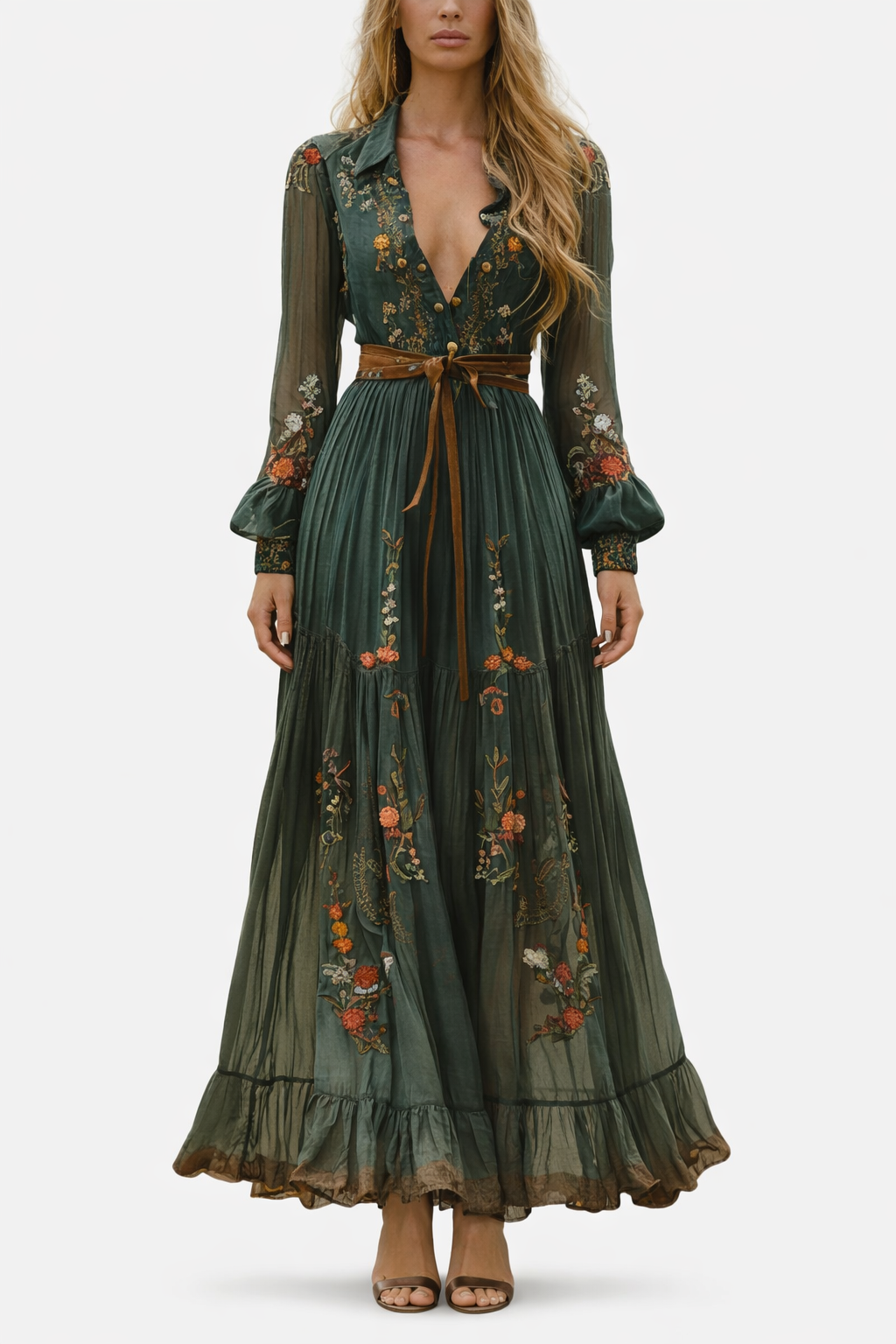 Women's Long Sleeve Maxi Dress with Embroidered Florals and Tie Belt 1