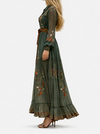 Women's Long Sleeve Maxi Dress with Embroidered Florals and Tie Belt 2