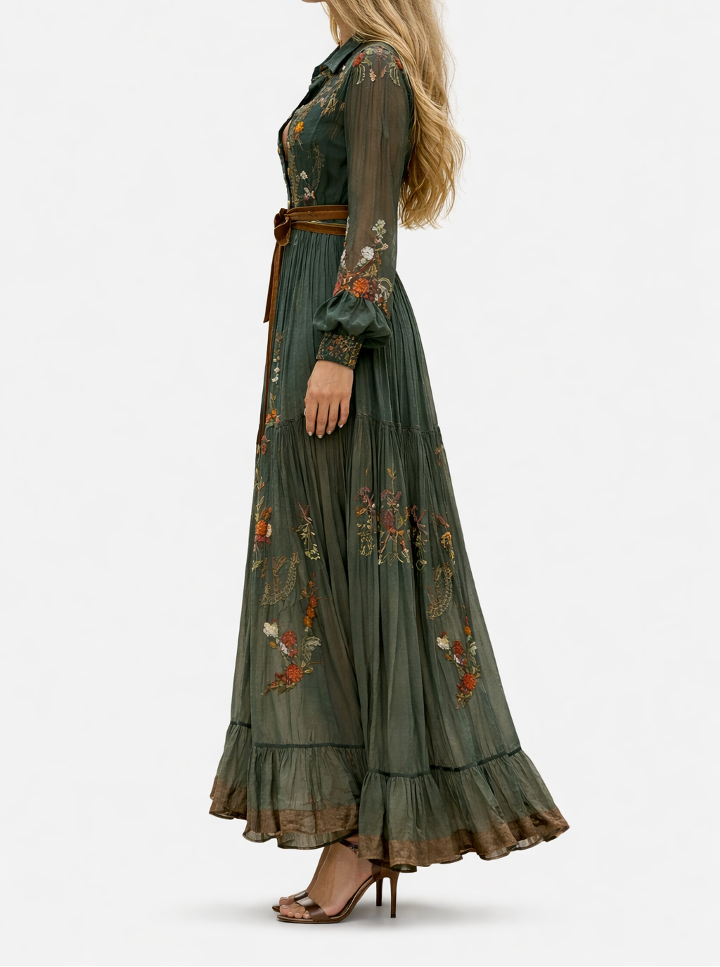 Women's Long Sleeve Maxi Dress with Embroidered Florals and Tie Belt 2
