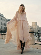 Women's Long Sleeve Maxi Dress with Layered Chiffon Cape Overlay 1