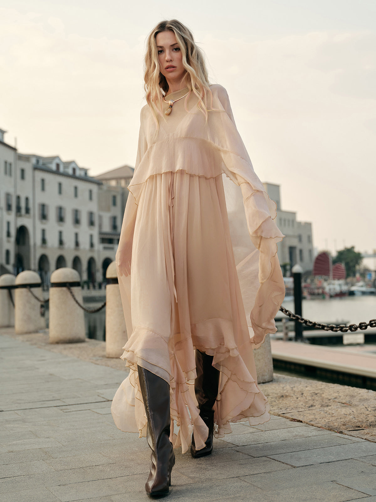 Women's Long Sleeve Maxi Dress with Layered Chiffon Cape Overlay 2