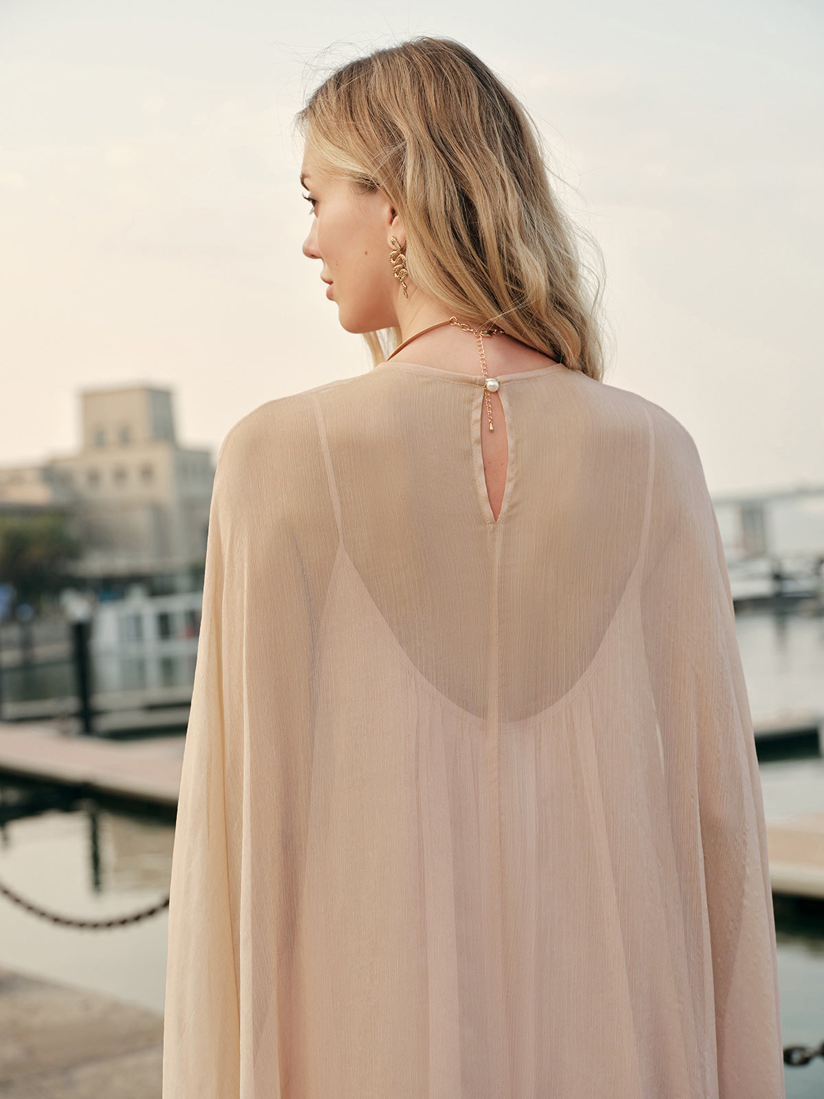 Women's Long Sleeve Maxi Dress with Layered Chiffon Cape Overlay 4