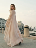 Women's Long Sleeve Maxi Dress with Layered Chiffon Cape Overlay 5