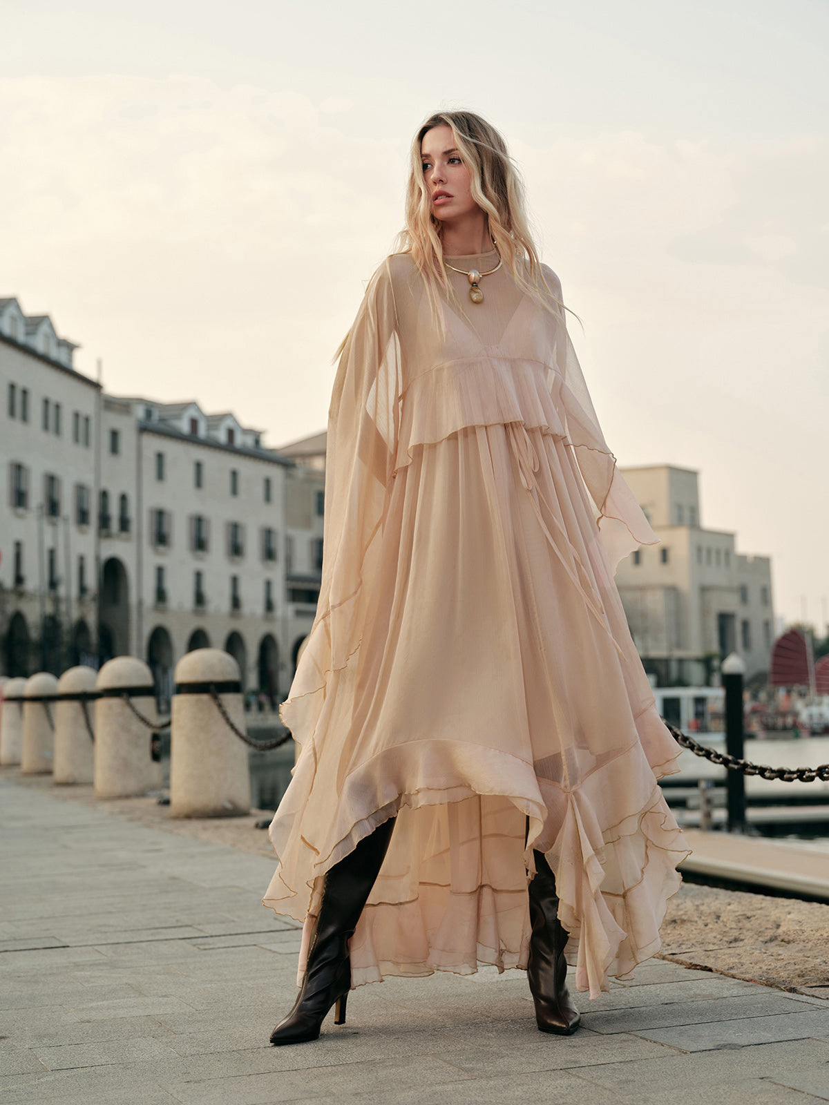 Women's Long Sleeve Maxi Dress with Layered Chiffon Cape Overlay 6