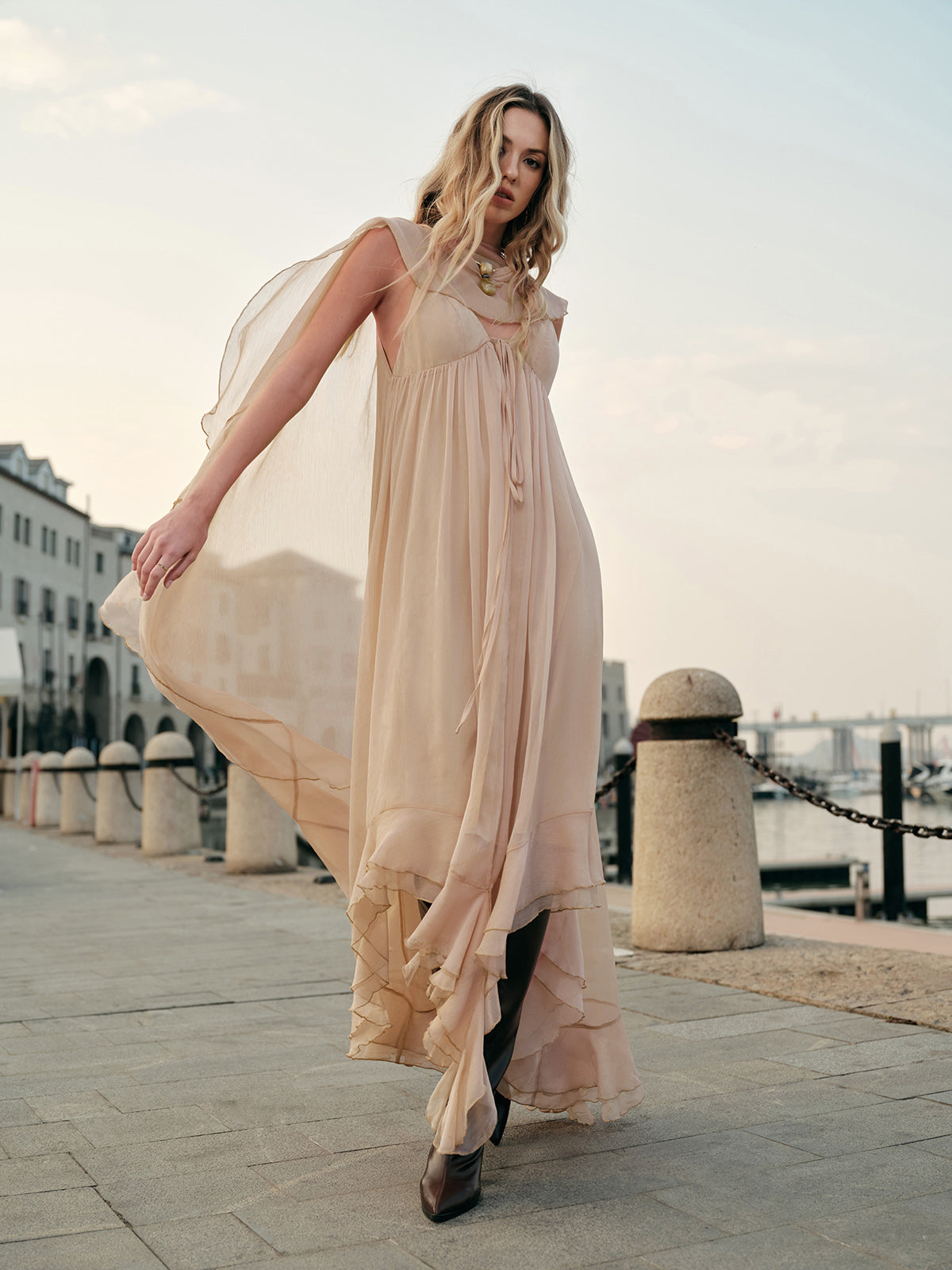 Women's Long Sleeve Maxi Dress with Layered Chiffon Cape Overlay 7