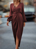Women's Long Sleeve Midi Wrap Dress with Tie Waist 1