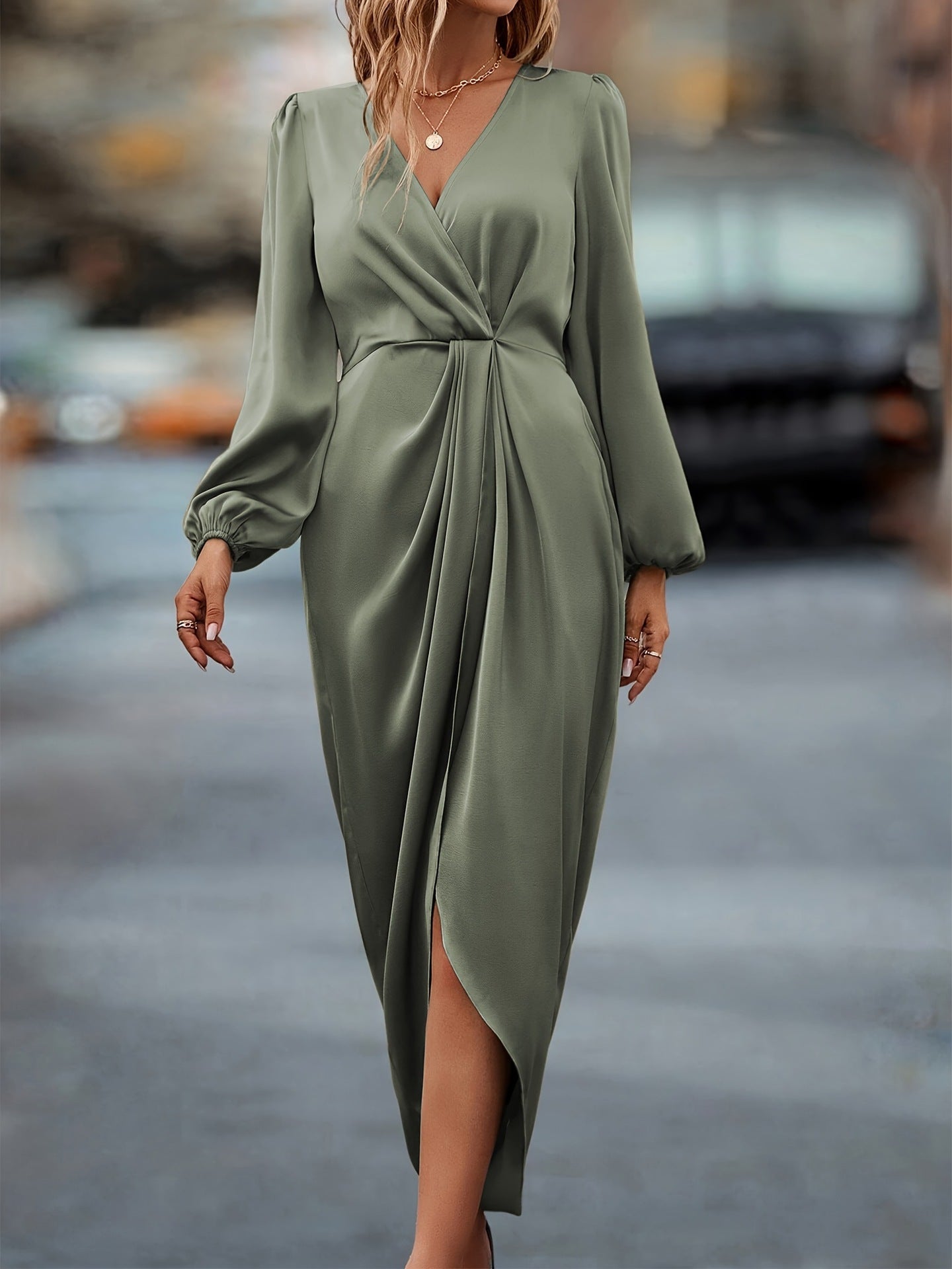 Women's Long Sleeve Midi Wrap Dress with Tie Waist 3