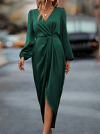 Women's Long Sleeve Midi Wrap Dress with Tie Waist 4