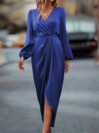 Women's Long Sleeve Midi Wrap Dress with Tie Waist 5