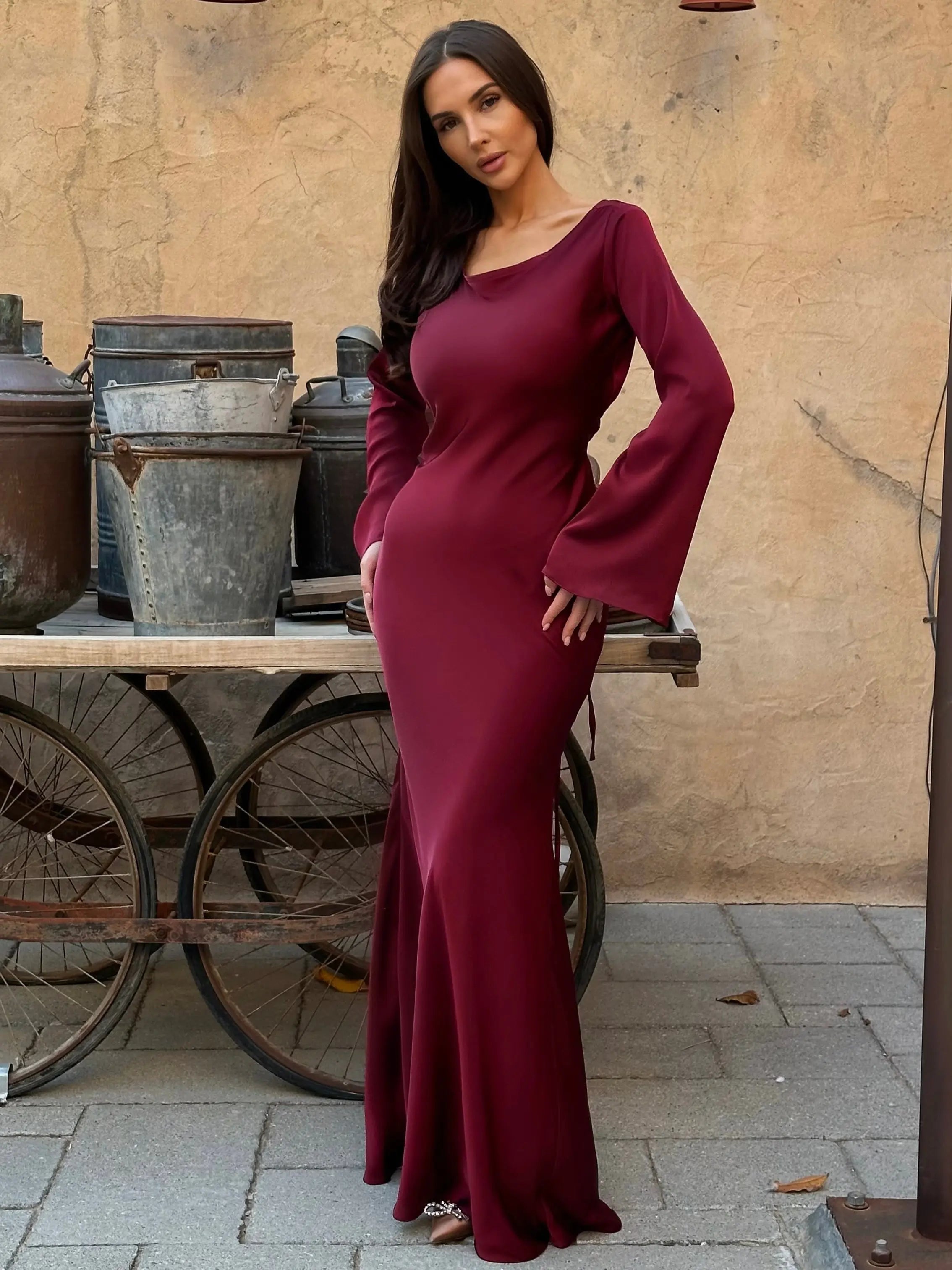 Women's Long Sleeve Satin Maxi Dress with Draped Silhouette 11