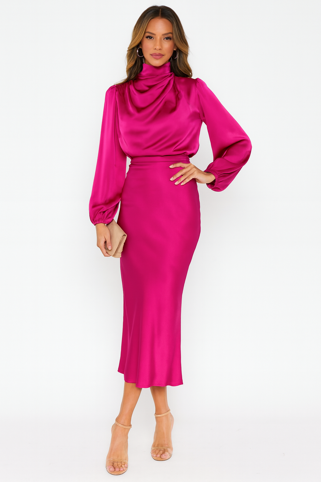 Women's Long-Sleeve Satin Maxi Dress with Loose Fit 8