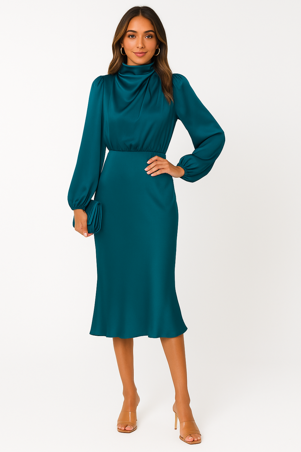 Women's Long-Sleeve Satin Maxi Dress with Loose Fit 9