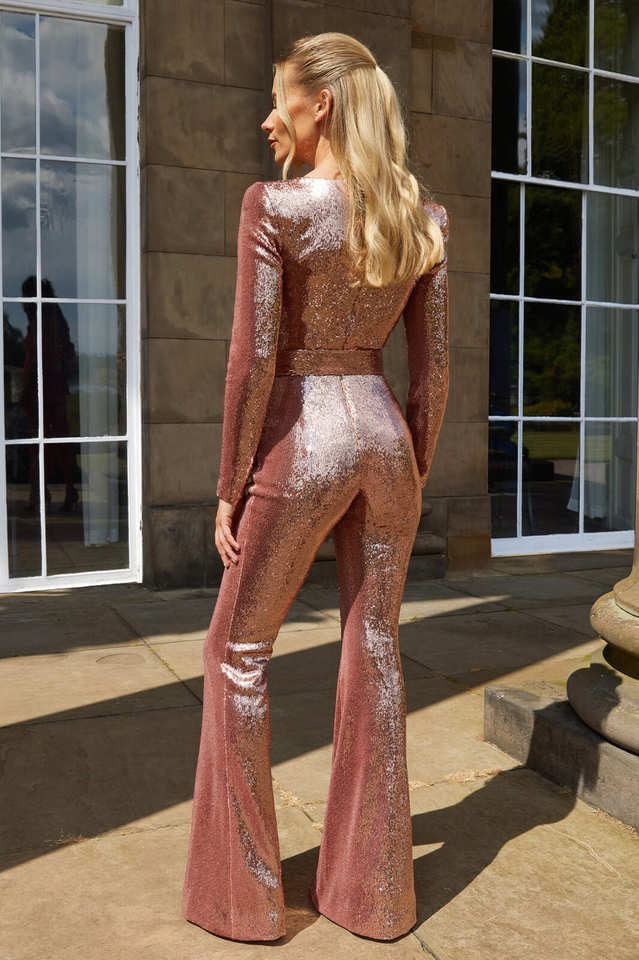 Women's Long-Sleeve Sequin Jumpsuit with Sweetheart Neckline and Flared Legs 13