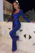 Women's Long-Sleeve Sequin Jumpsuit with Sweetheart Neckline and Flared Legs 15