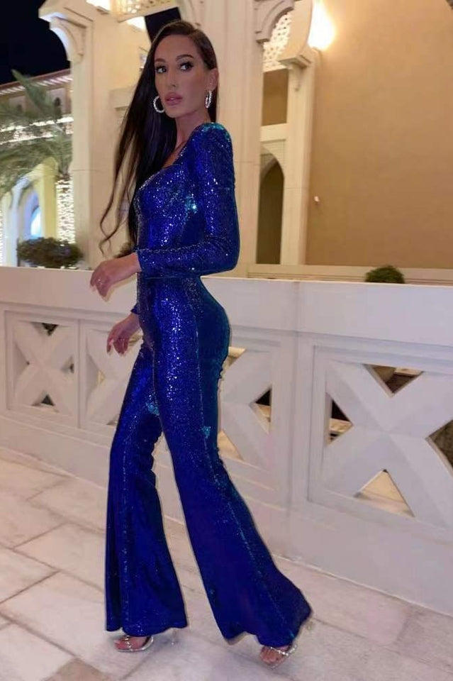 Women's Long-Sleeve Sequin Jumpsuit with Sweetheart Neckline and Flared Legs 18