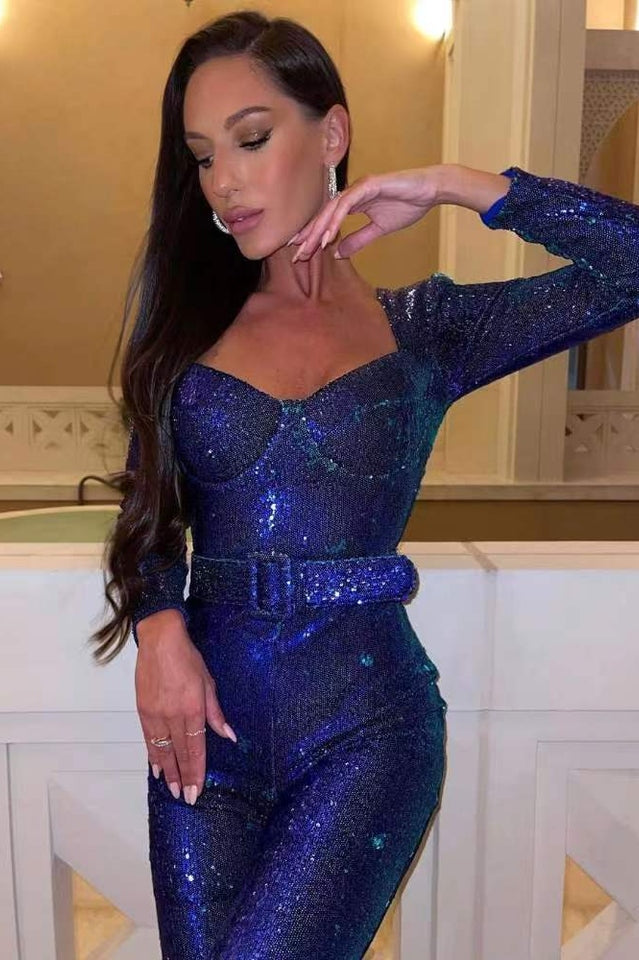 Women's Long-Sleeve Sequin Jumpsuit with Sweetheart Neckline and Flared Legs 19