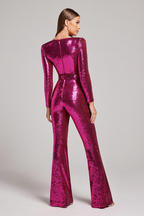 Women's Long-Sleeve Sequin Jumpsuit with Sweetheart Neckline and Flared Legs 2