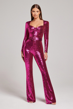 Women's Long-Sleeve Sequin Jumpsuit with Sweetheart Neckline and Flared Legs 3