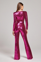 Women's Long-Sleeve Sequin Jumpsuit with Sweetheart Neckline and Flared Legs 6