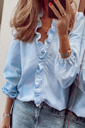Women's Long Sleeve V-Neck Blouse with Ruffle Details 1