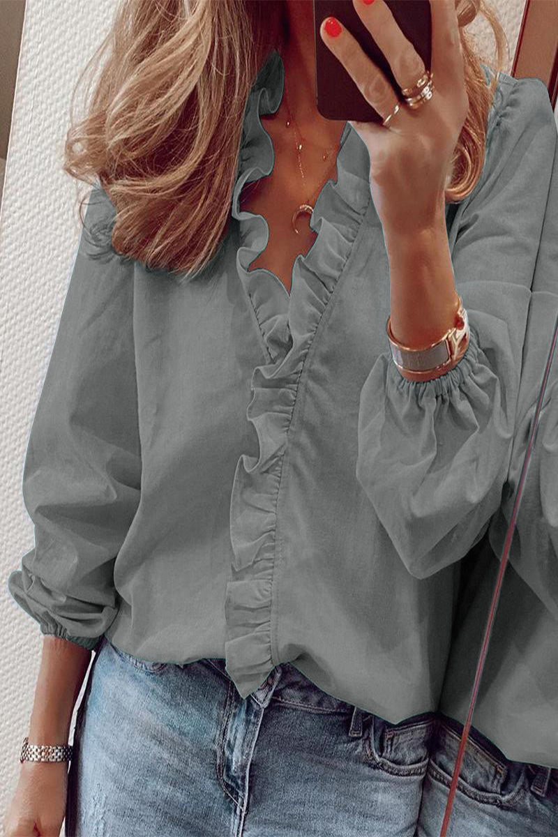 Women's Long Sleeve V-Neck Blouse with Ruffle Details 3