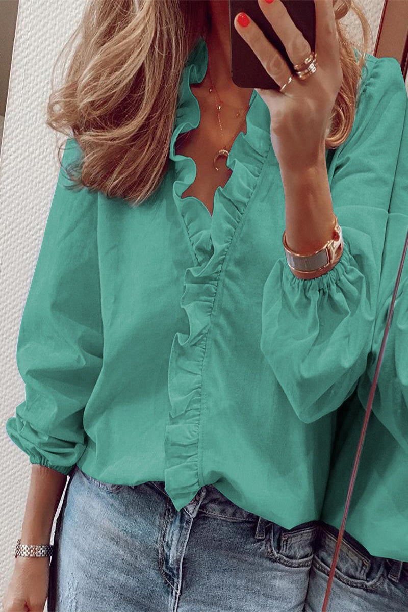 Women's Long Sleeve V-Neck Blouse with Ruffle Details 4
