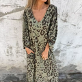 Women's Long Sleeve V-Neck Flowing Midi Dress with Print 1