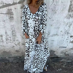 Women's Long Sleeve V-Neck Flowing Midi Dress with Print 2