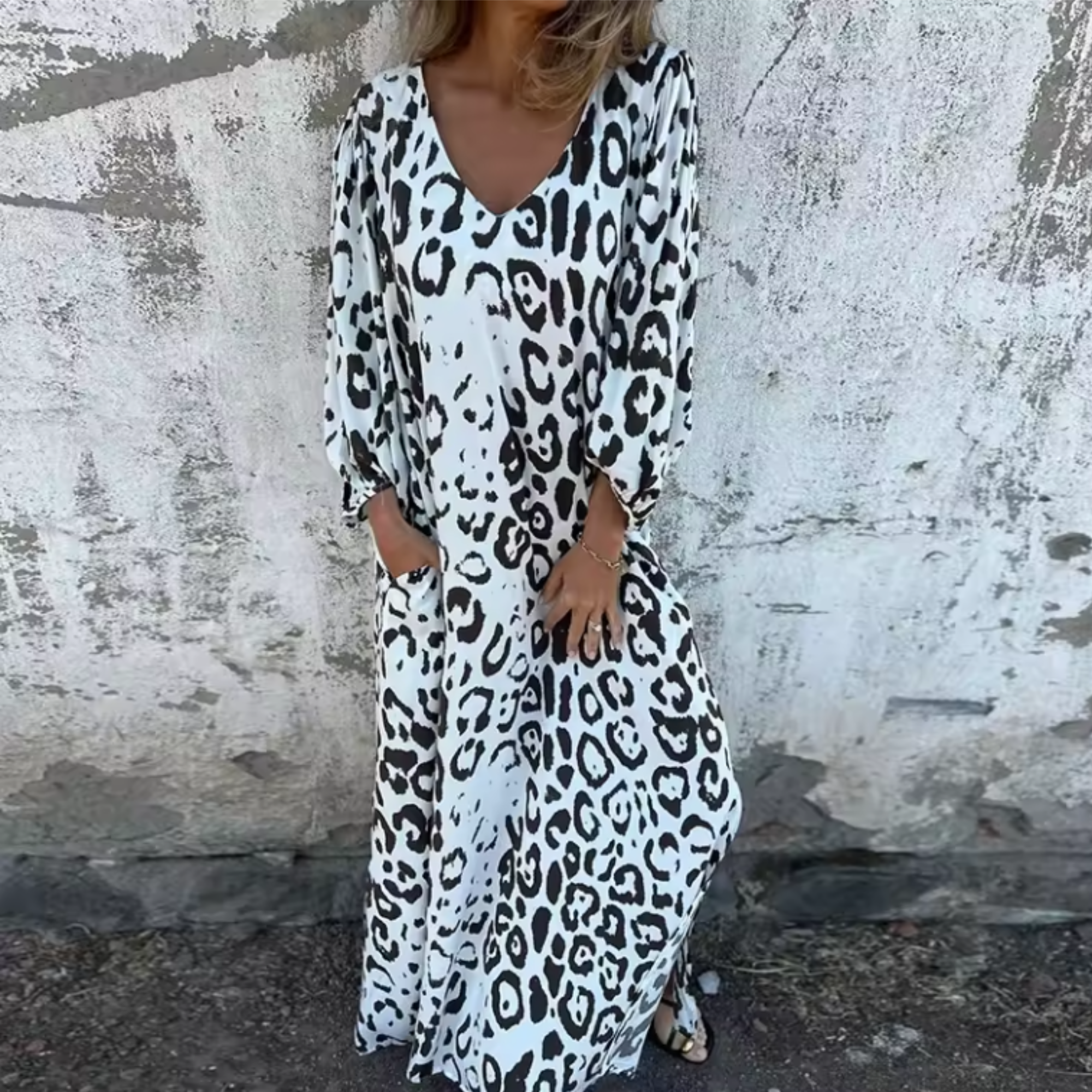 Women's Long Sleeve V-Neck Flowing Midi Dress with Print 2