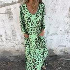 Women's Long Sleeve V-Neck Flowing Midi Dress with Print 3