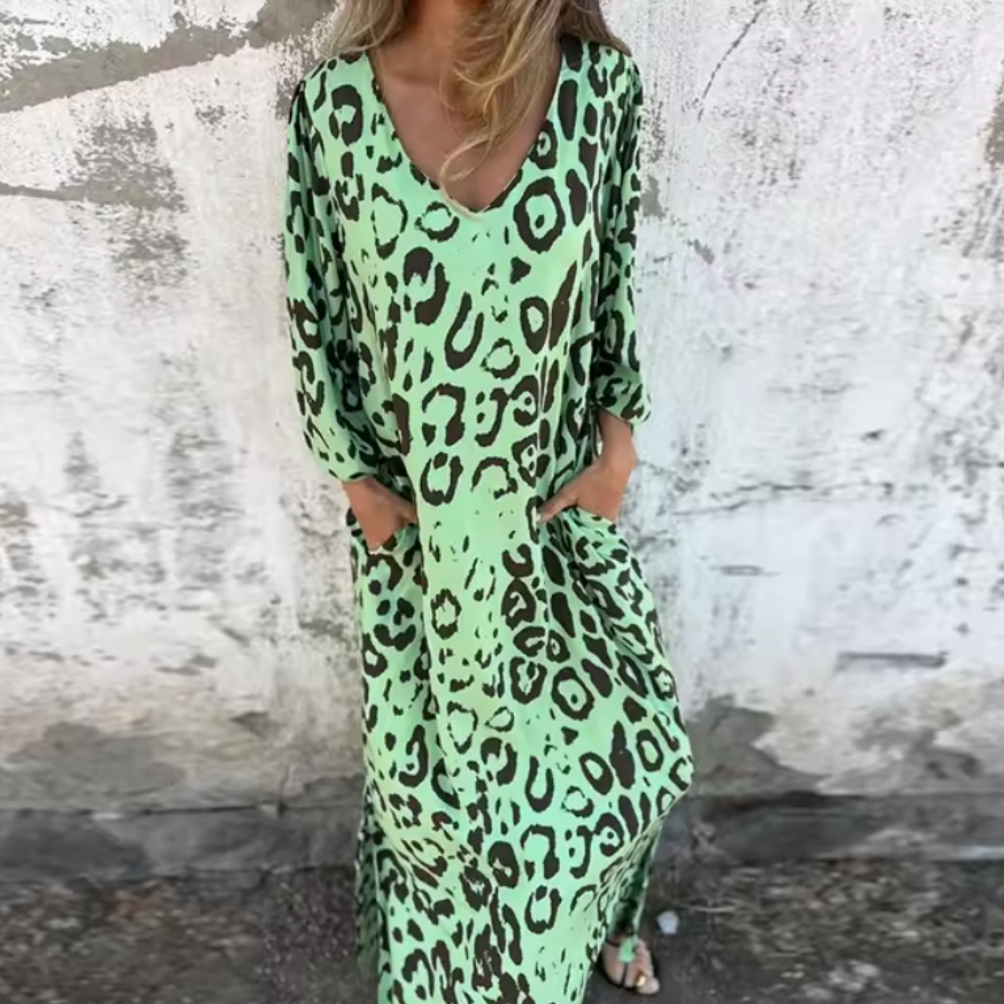 Women's Long Sleeve V-Neck Flowing Midi Dress with Print 3