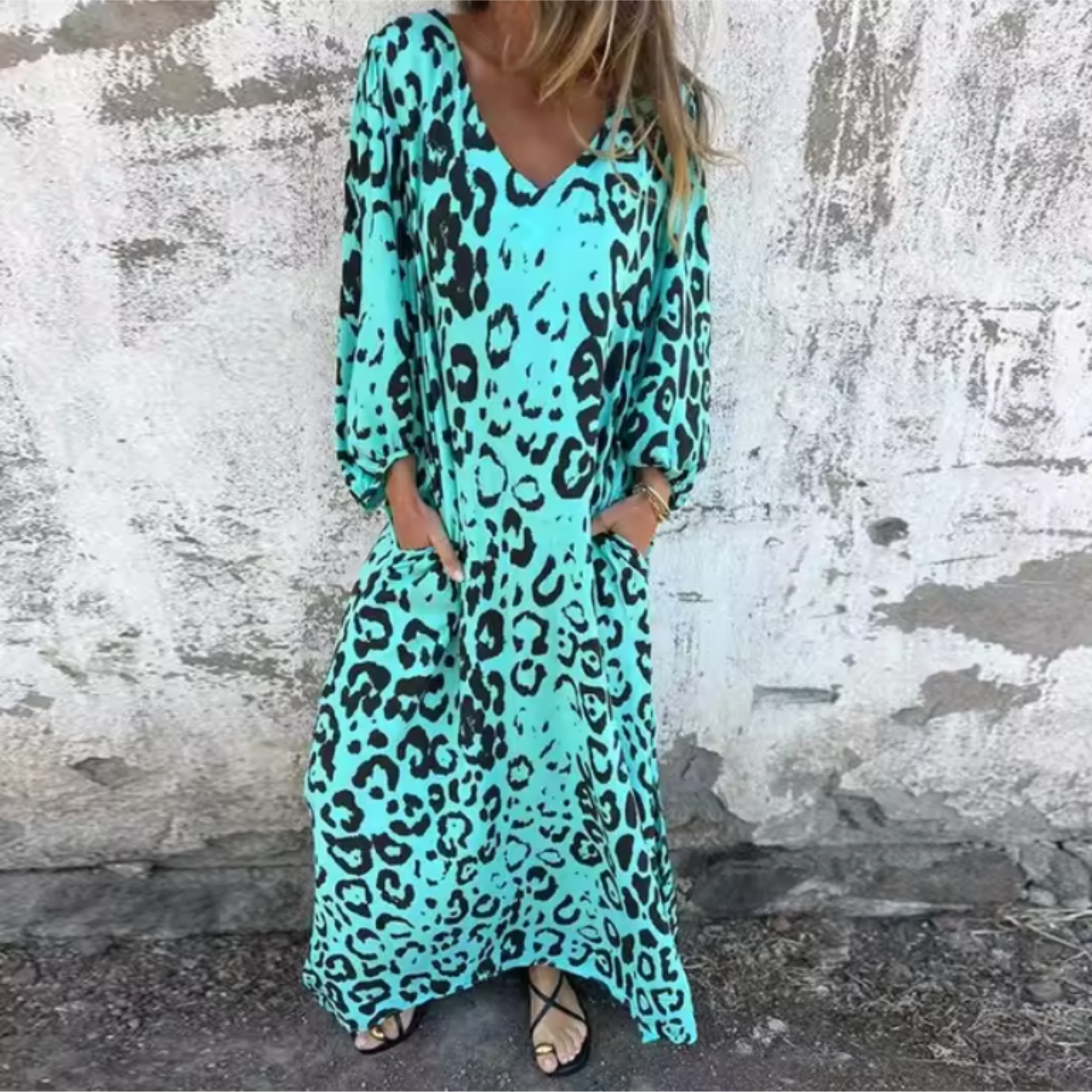 Women's Long Sleeve V-Neck Flowing Midi Dress with Print 4