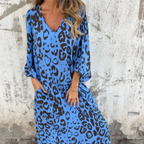 Women's Long Sleeve V-Neck Flowing Midi Dress with Print 5