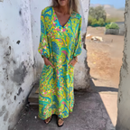 Women's Long Sleeve V-Neck Flowing Midi Dress with Print 6