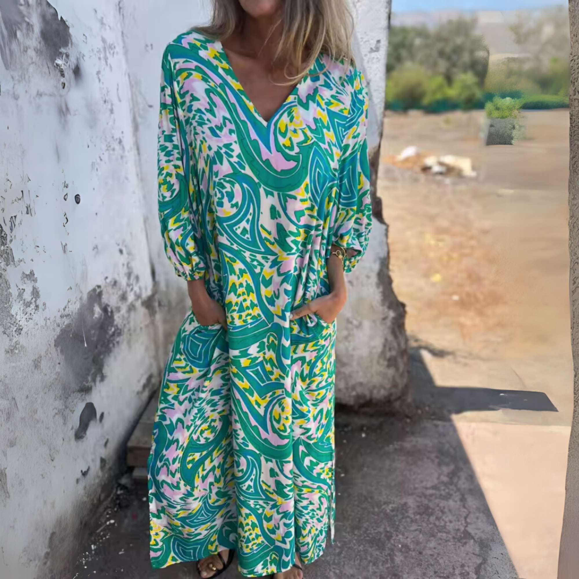 Women's Long Sleeve V-Neck Flowing Midi Dress with Print 7