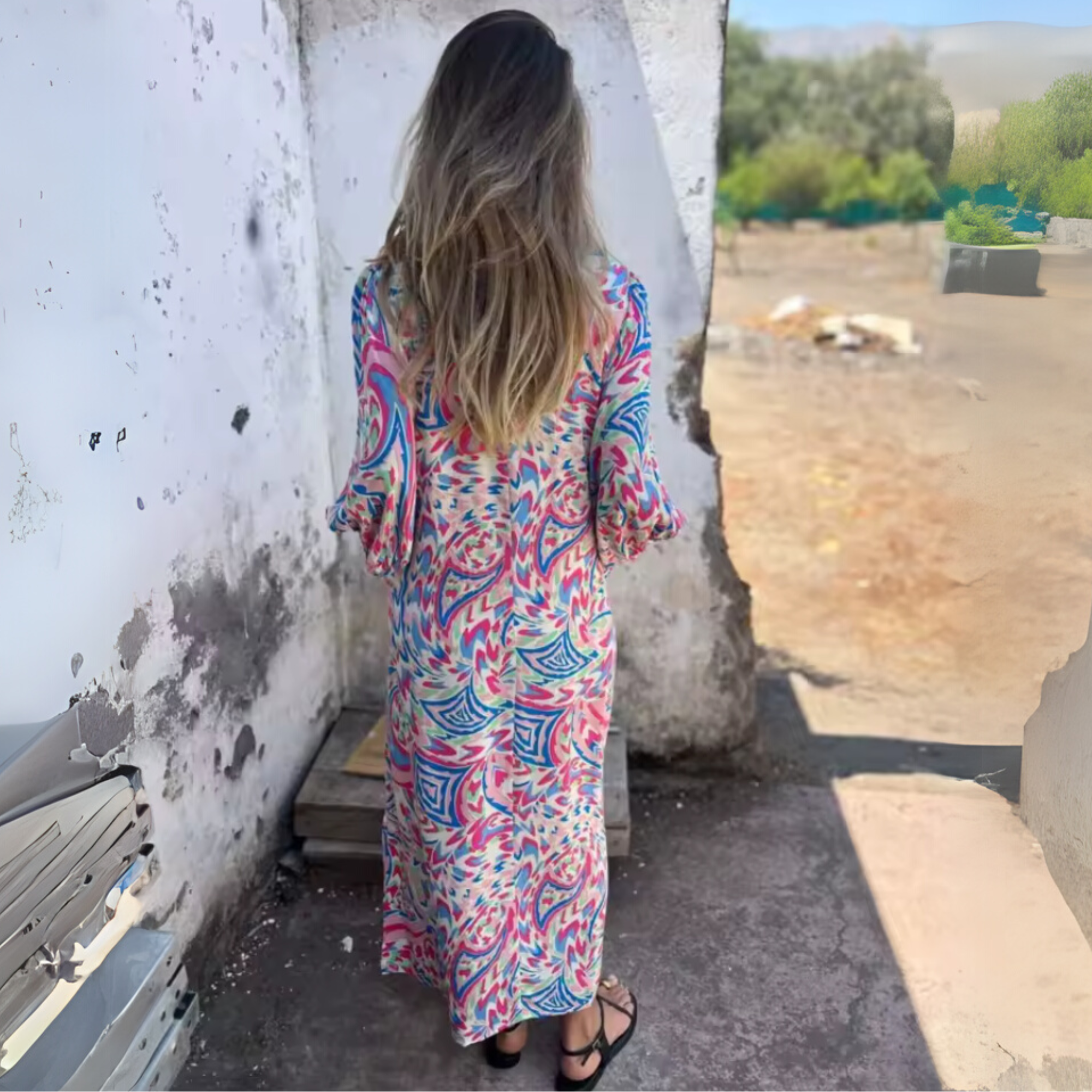 Women's Long Sleeve V-Neck Flowing Midi Dress with Print 8