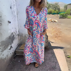 Women's Long Sleeve V-Neck Flowing Midi Dress with Print 9