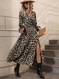 Women's Long Sleeve V-Neck Midi Dress with Side Slit Leopard Print 1