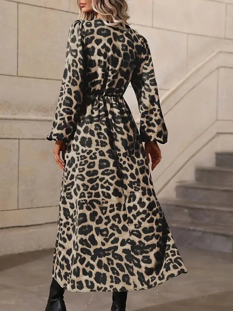 Women's Long Sleeve V-Neck Midi Dress with Side Slit Leopard Print 2